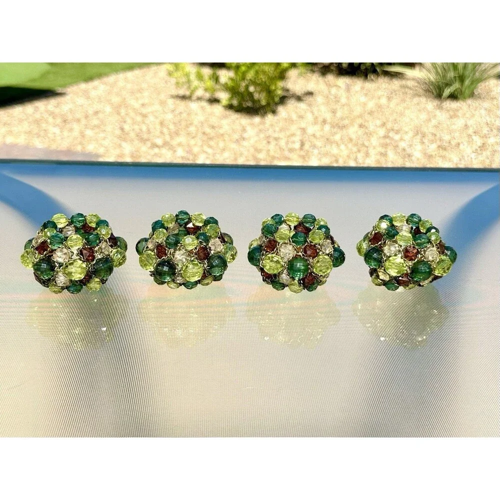 Set Of 4 Pier 1 Imports Green and Amber Faux Crystal Beaded Napkin Rings Round